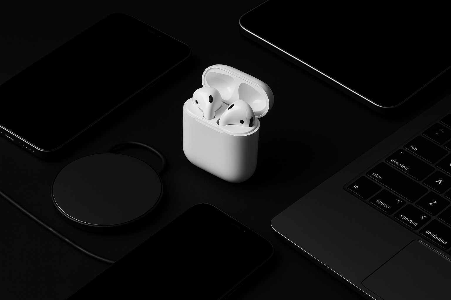 airpods and electronics with black background