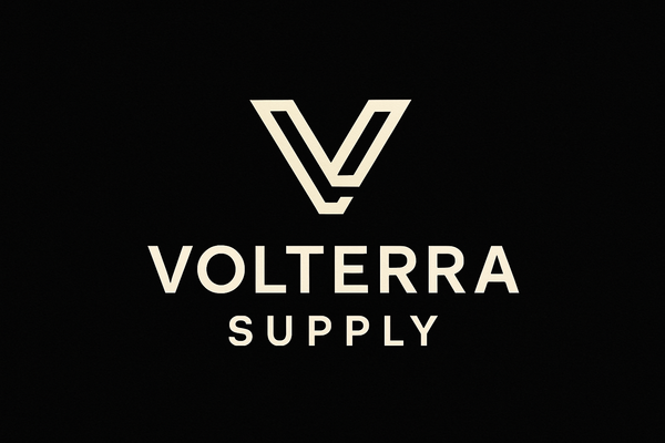Volterra Supply logo in off-white on black background